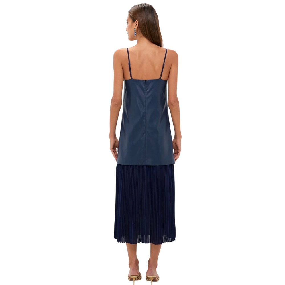 Hyacinth House Midi Dress Women's Size XS Navy New Vegan Leather Pleated - Picture 2 of 6